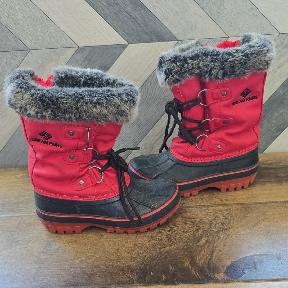 Dream Pairs Red and Black Rain & Snow Boots with Faux Fur Trim